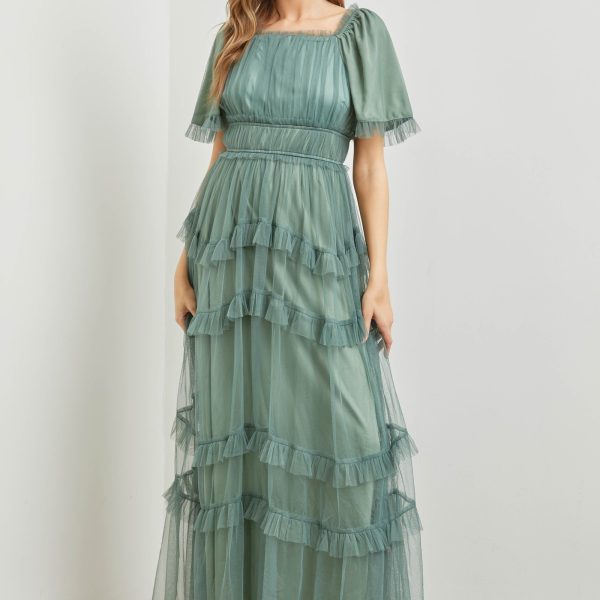 Polgram Tulle Maxi Dress in Dusty Teal