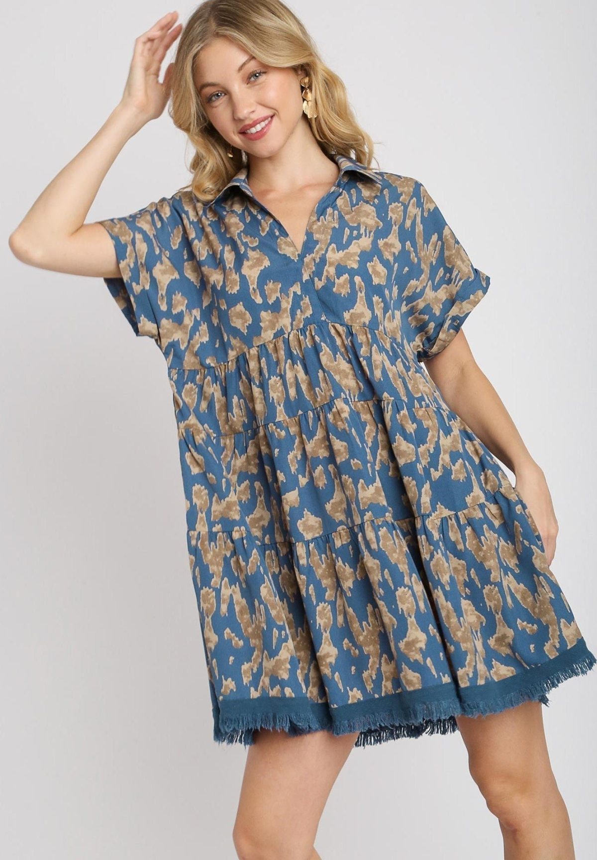 Umgee Animal Print Tiered Dress in Slate Blue