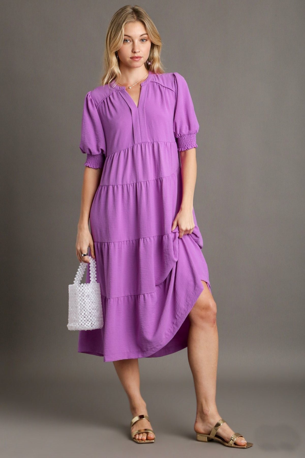 Umgee Solid Color A-Line Tiered Midi Dress with Piping Details in Orchid ON ORDER